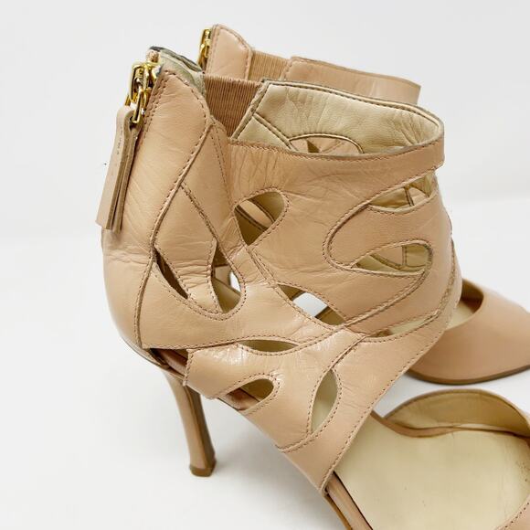 Nine West 6 Cream Natural Leather Fabeyana Ankle Wrap Peep Toe Heels Cut Out - Picture 2 of 15